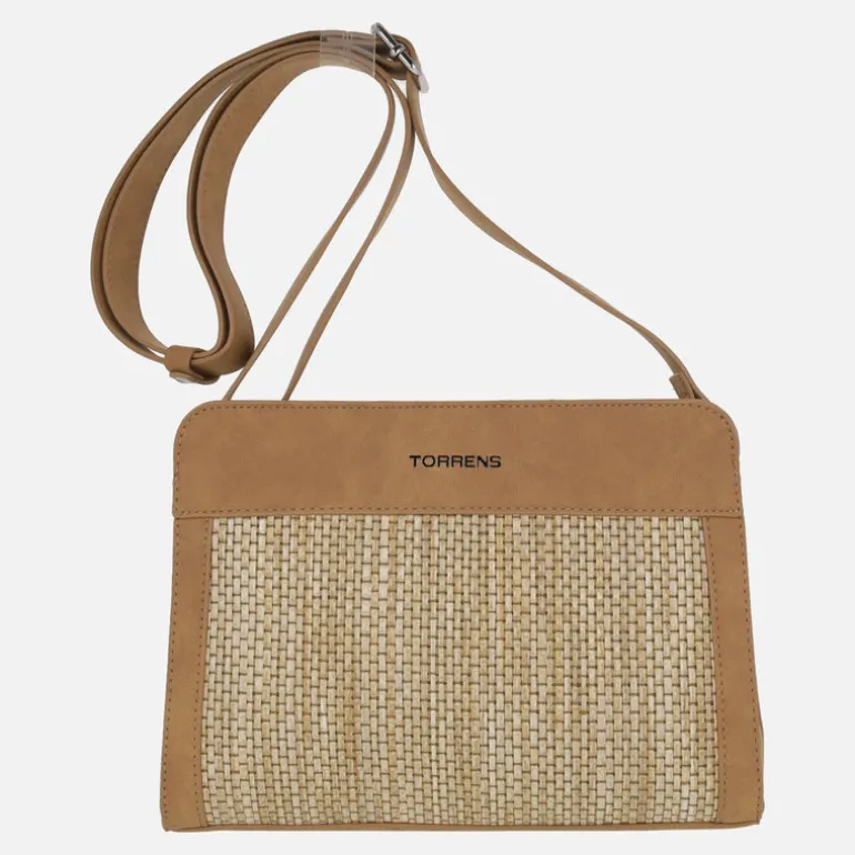 Bolsos bandolera en acabado rafia camel y beige