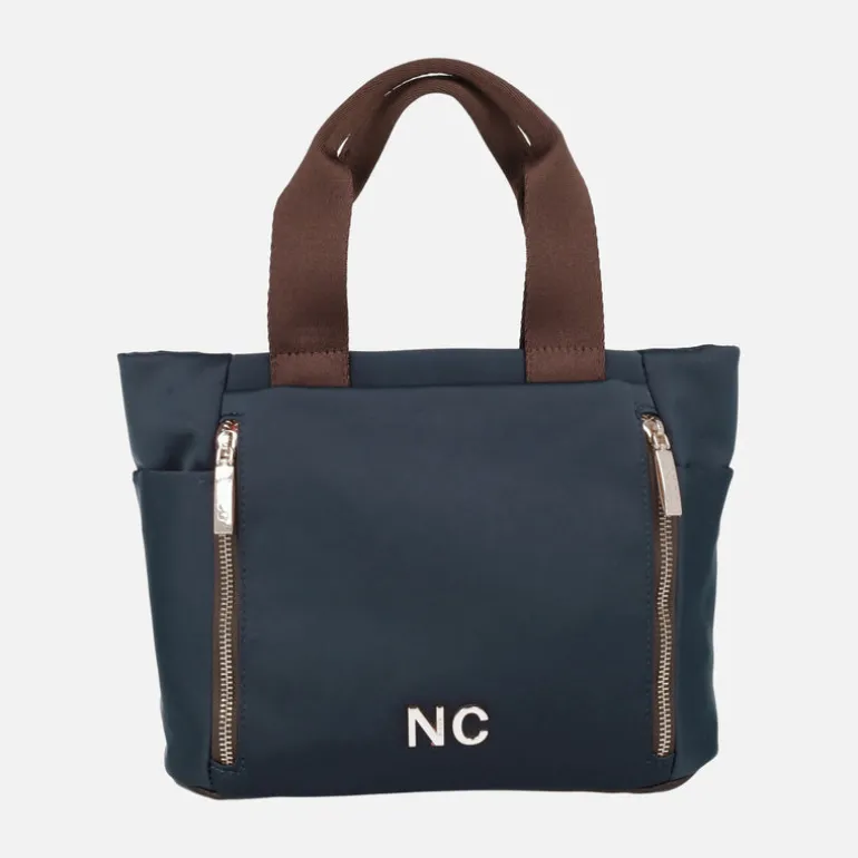 Bolsos shopper en tejido nylon azul marino con asas marrones