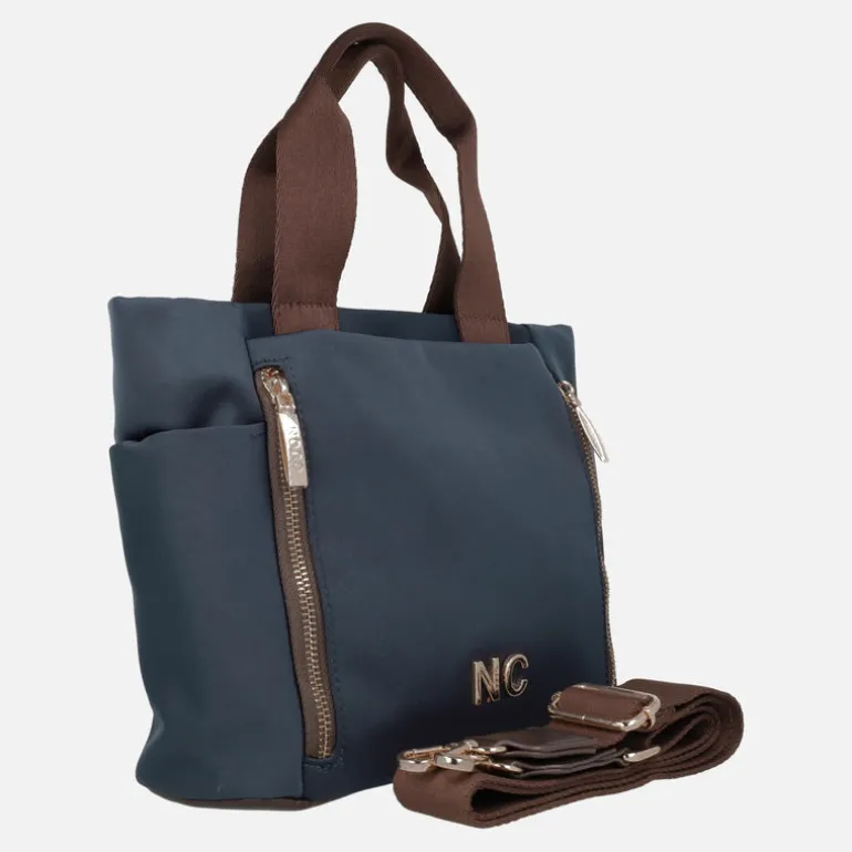 Bolsos shopper en tejido nylon azul marino con asas marrones