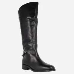 Botas altas de piel negra Couture con adorno de cadena en el talón