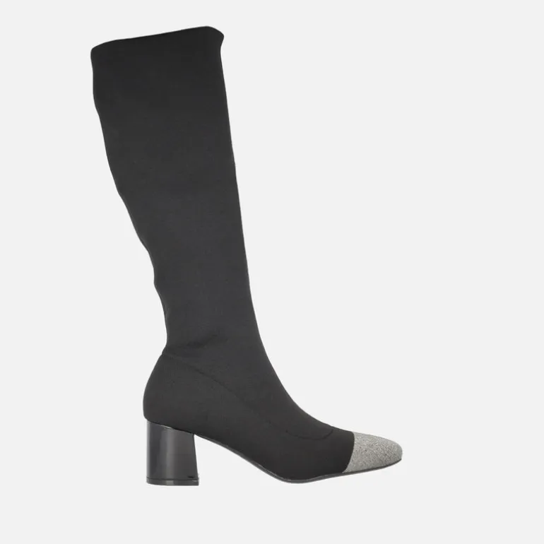 Botas altas de tacón en tejido elástico negro con puntera metalizada Suffolk