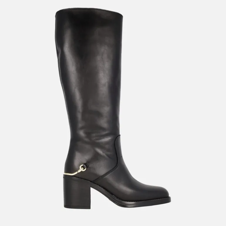 Botas altas en piel negra Alpe Leyna con adorno dorado en el talón