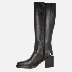 Botas altas en piel negra Alpe Leyna con adorno dorado en el talón
