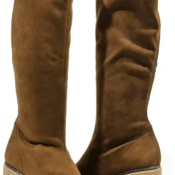 Botas altas en tejido elástico marrón con tacones de goma