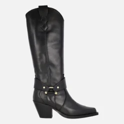 Botas altas estilo cowboy en piel negra con adorno dorado Vendome