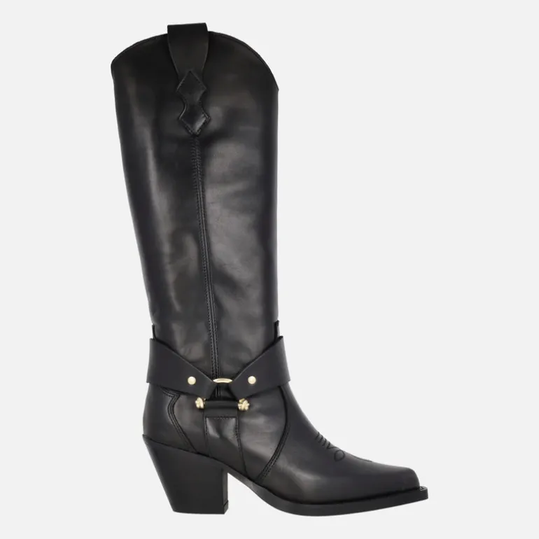 Botas altas estilo cowboy en piel negra con adorno dorado Vendome