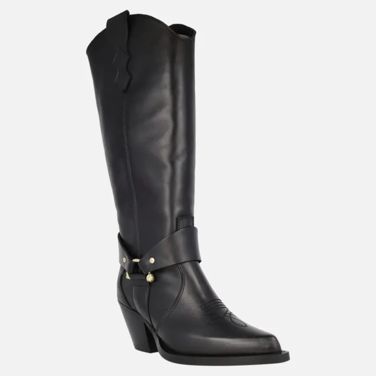 Botas altas estilo cowboy en piel negra con adorno dorado Vendome