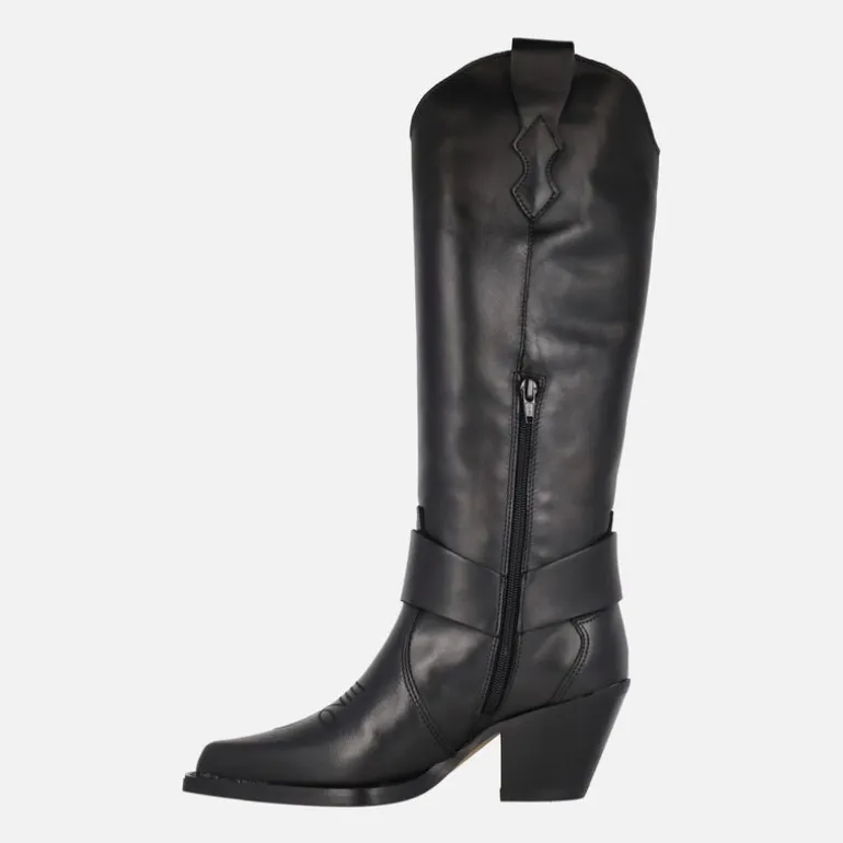 Botas altas estilo cowboy en piel negra con adorno dorado Vendome