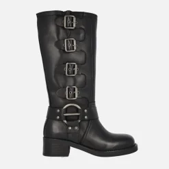 Botas altas moteras negras de piel con hebillas Selena