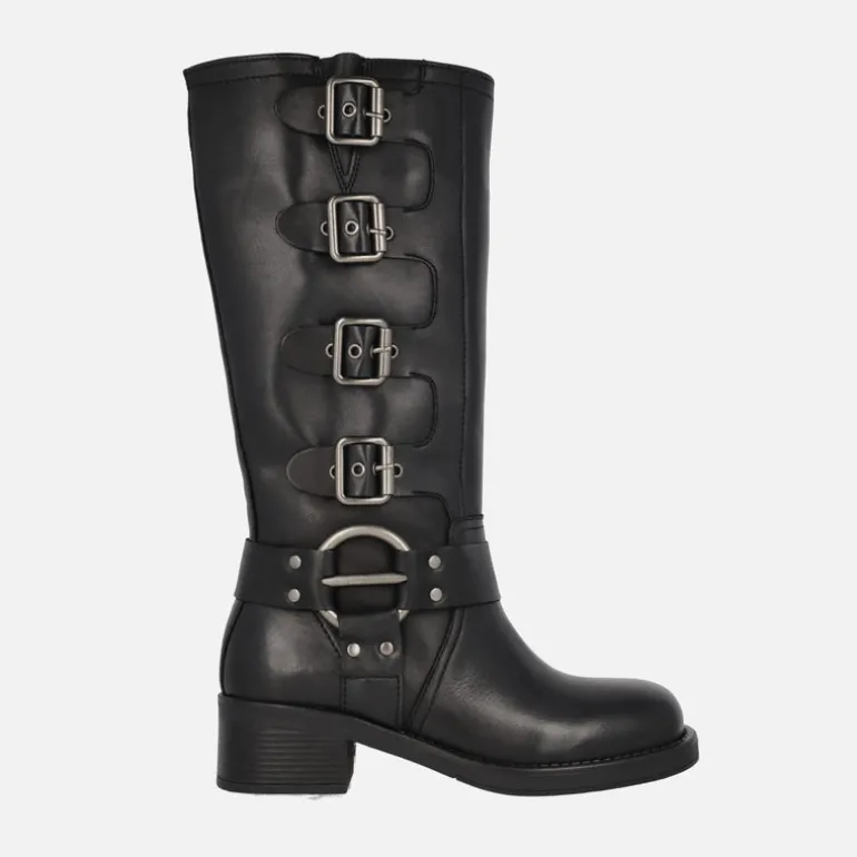 Botas altas moteras negras de piel con hebillas Selena