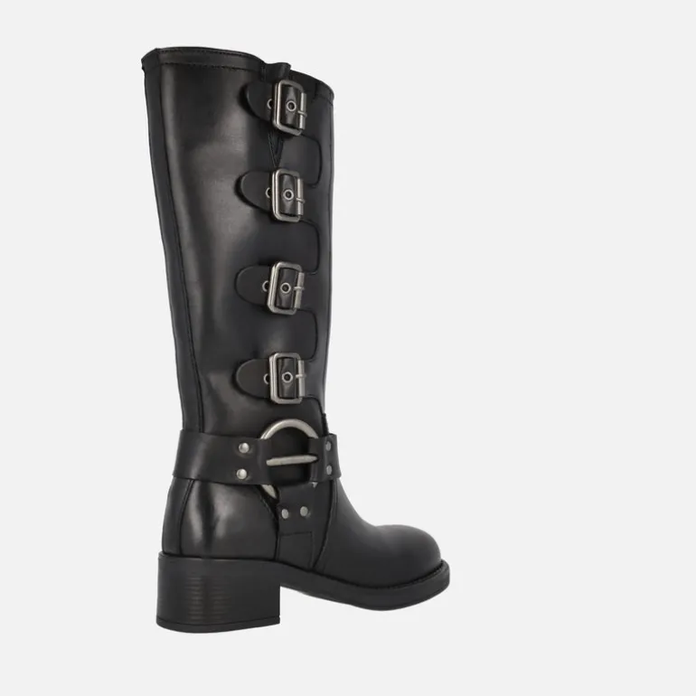 Botas altas moteras negras de piel con hebillas Selena