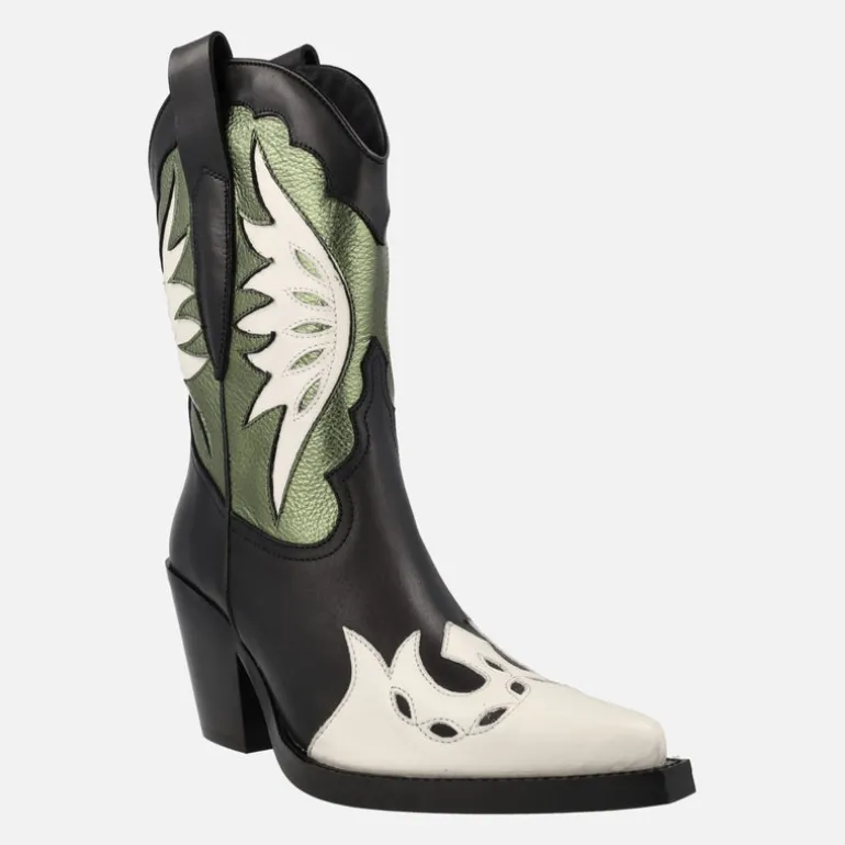 Botas cowboy en combinado tricolor negro blanco kaki Joe Sanchez