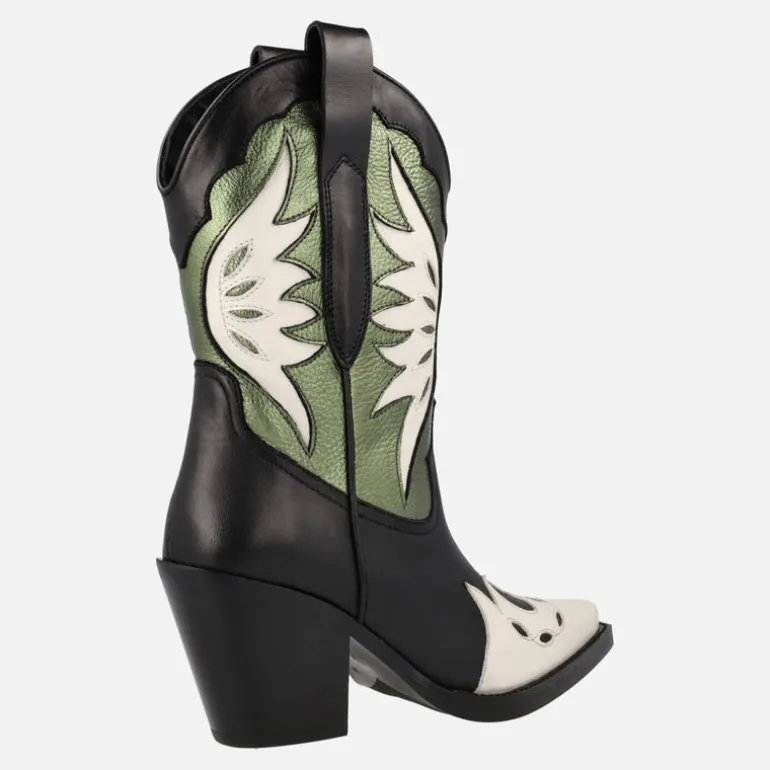 Botas cowboy en combinado tricolor negro blanco kaki Joe Sanchez