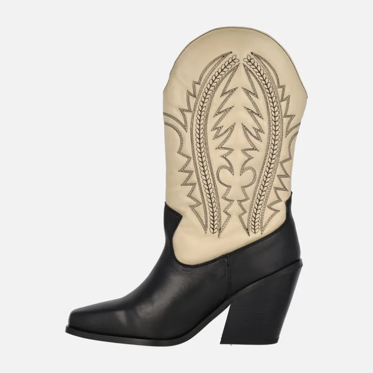 Botas cowboy en combinado negro beige con bordados Herlev