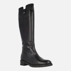 Botas negras de piel con caña alta y logo metálico Wonders