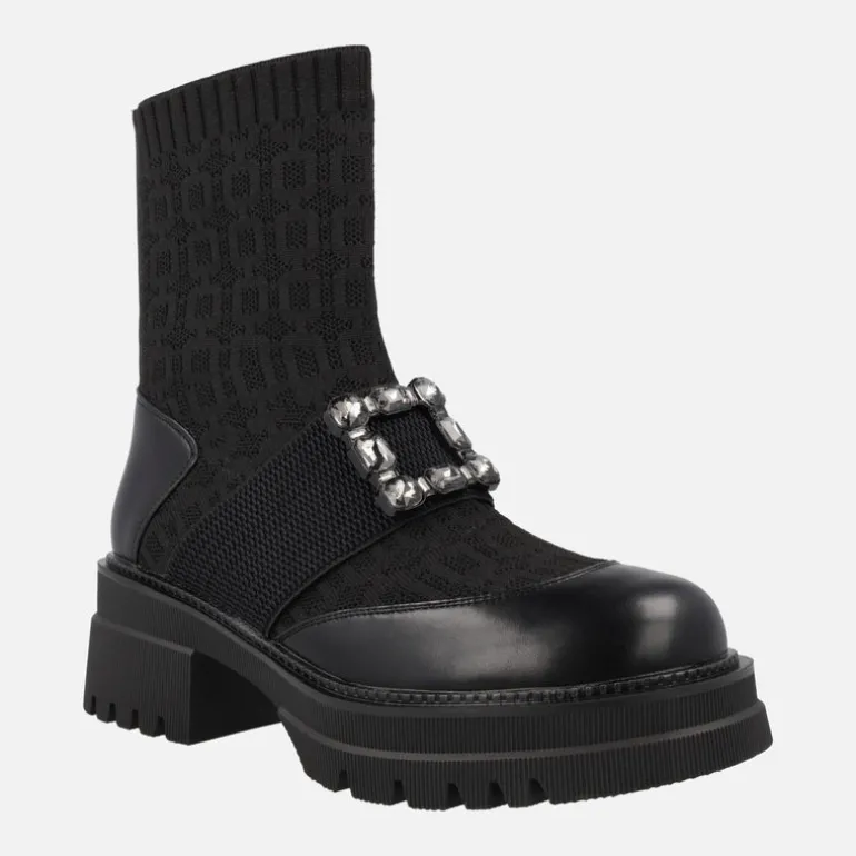 Botines calcetín negros con adorno de pedrería B079-H1033