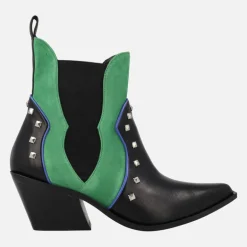 Botines cowboy en combinado negro y verde con remaches metálicos