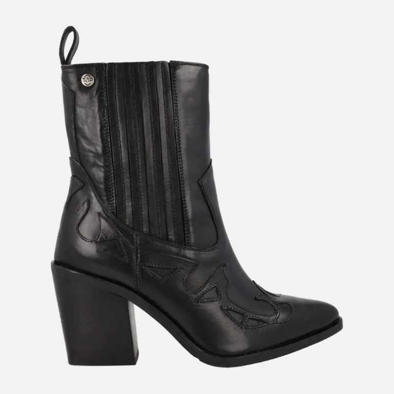 Botines cowboy en piel negra con caña alta y tacones de 8 cms