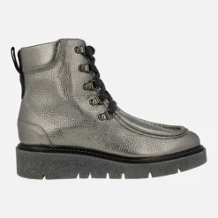 Botines de cordones en piel metalizada plomo para mujer