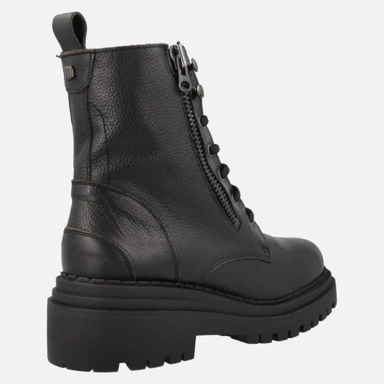 Botines de cordones estilo militar en piel negra con cremalleras