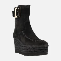 Botines de serraje con adorno de maxi hebilla y plataforma de yute