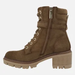 Botines de tacón en serraje camel con cordones y cremallera