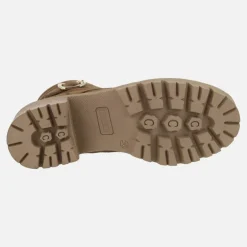 Botines de tacón en serraje camel con cordones y cremallera