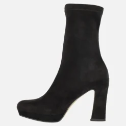 Botines negros de tejido elástico textura ante con tacón alto y plataforma