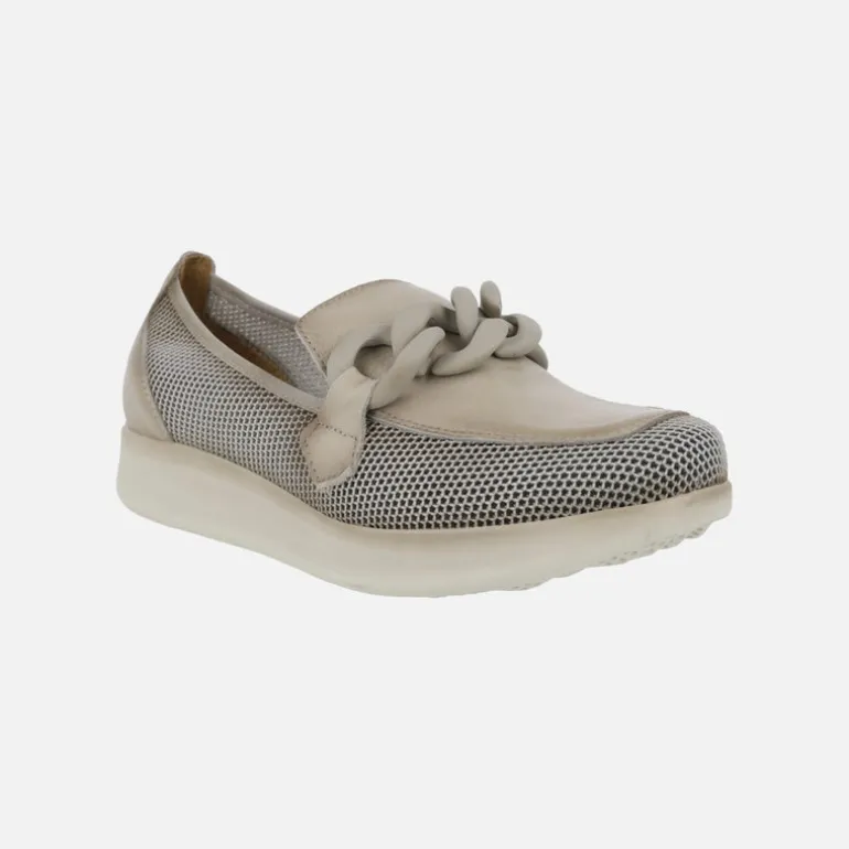 Mocasines combinados en piel y rejilla color taupe