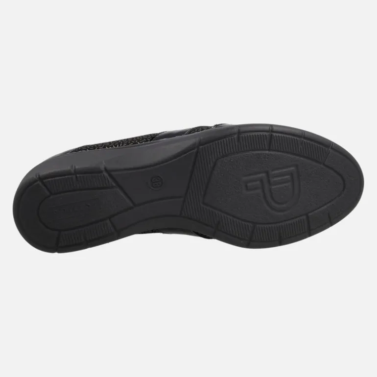 Mocasines confort en charol negro combinado con tejido estampado