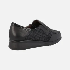 Mocasines confort en combinado de piel y tejido estampado negro