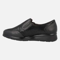 Mocasines confort en combinado de piel y tejido estampado negro