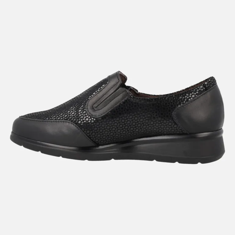 Mocasines confort en combinado de piel y tejido estampado negro
