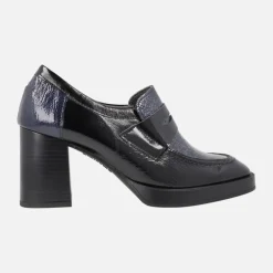 Mocasines de charol con tacón y plataforma en combinado negro - azul
