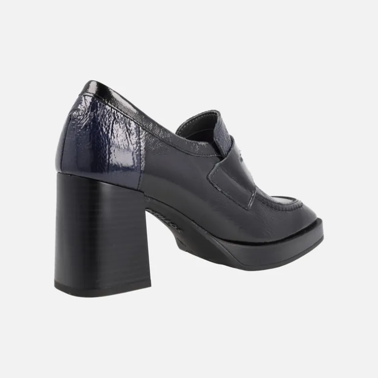 Mocasines de charol con tacón y plataforma en combinado negro - azul