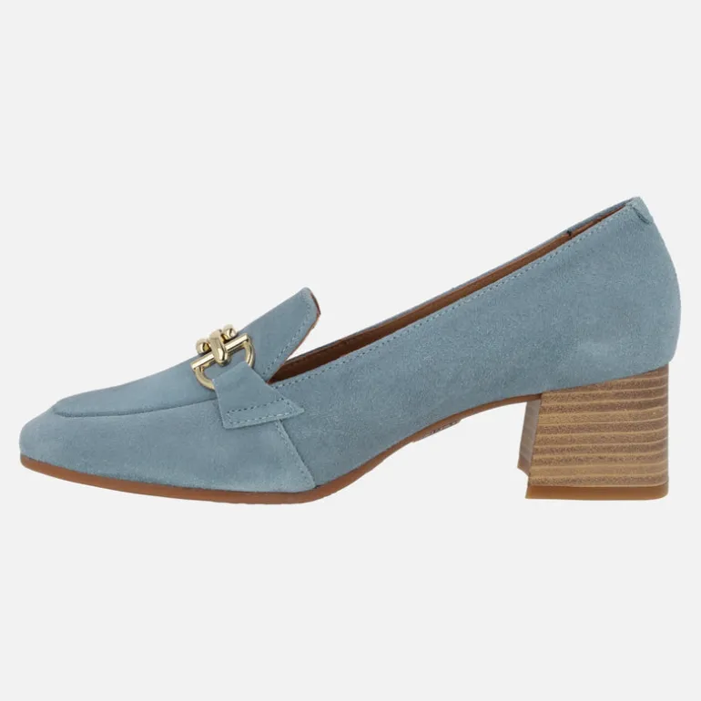 Mocasines de tacón para mujer en ante con adorno metálico