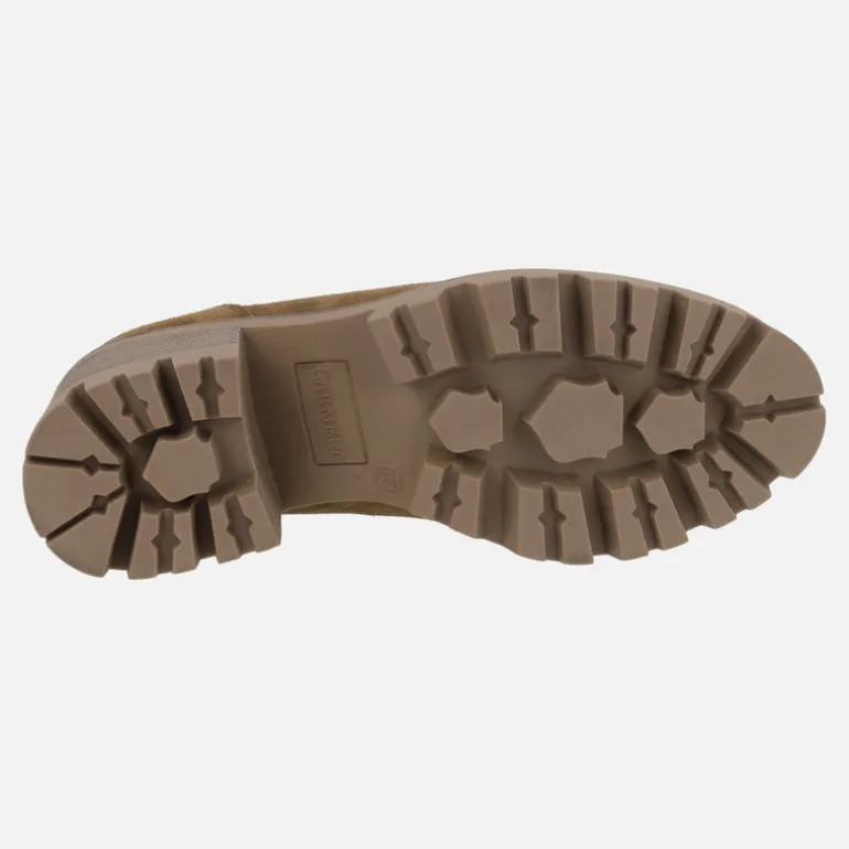 Mocasines en serraje cuero con tacón y antifaz