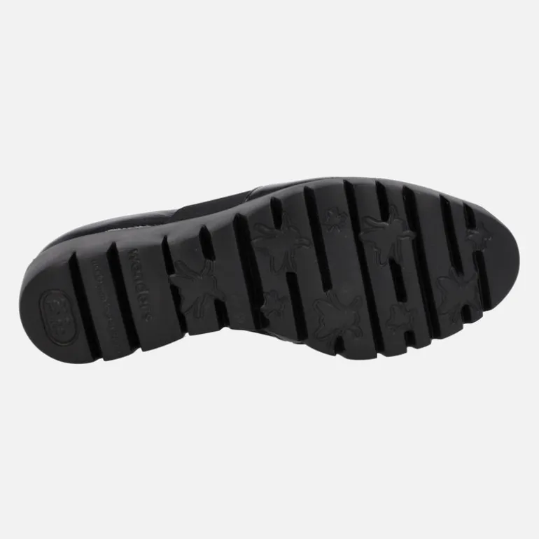 Mocasines Kenai en charol negro con elástico y copete de flecos para mujer
