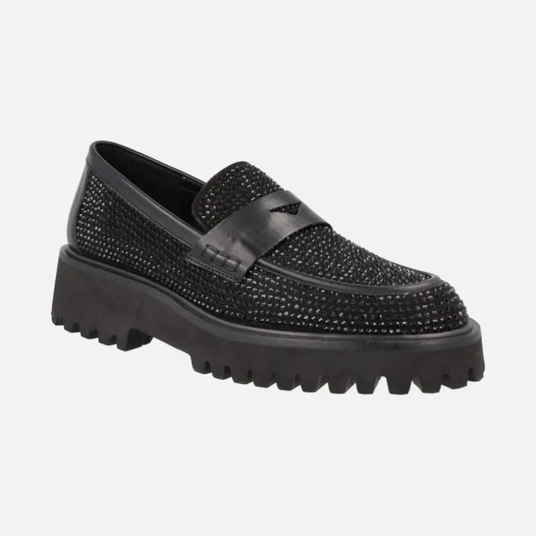 Mocasines negros con piso track y detalles de strass