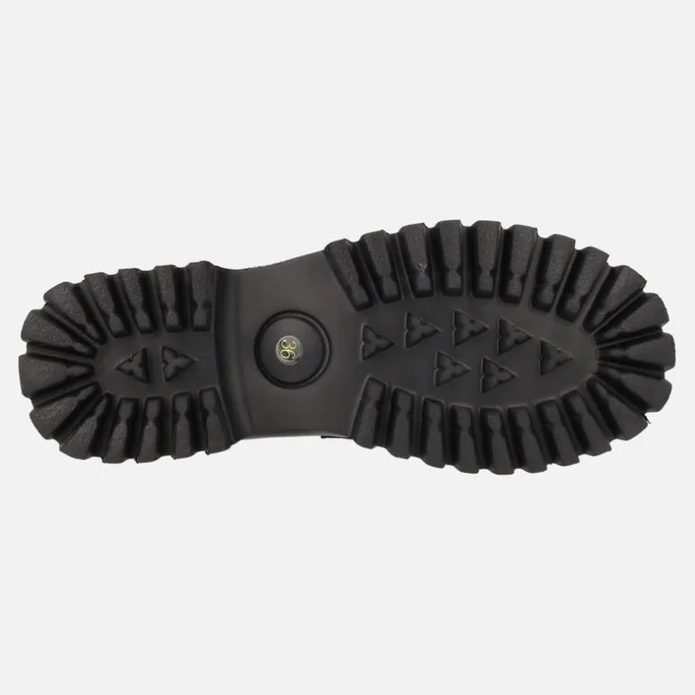 Mocasines negros de piel con cadena dorada y piso track para mujer