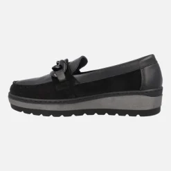 Mocasines negros en combinado de piel y serraje con adorno de cadena