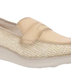 Mocasines para mujer en combinado de piel y rafia en color beige