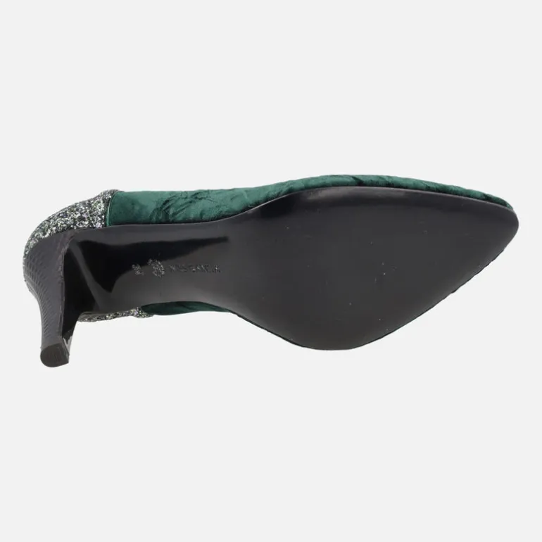 Salones de tacón alto en terciopelo verde con talón de glitter