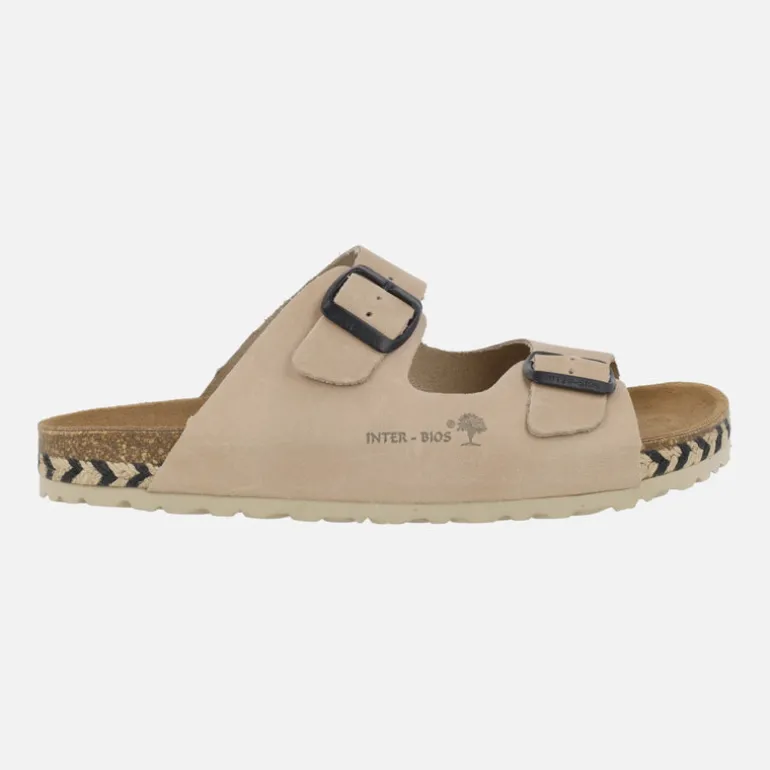 Sandalias bio de piel con dos hebillas y tira de esparto bicolor