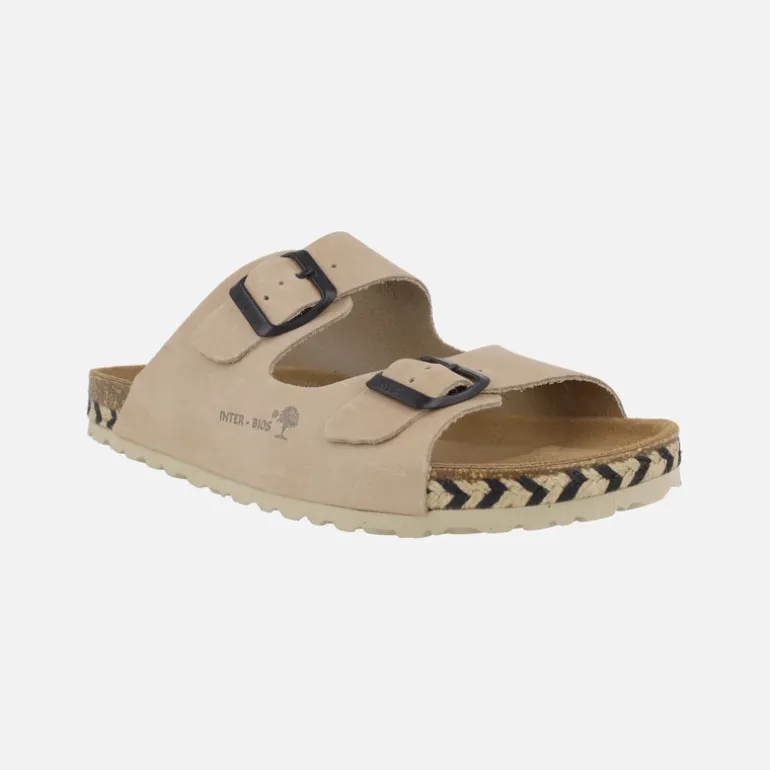 Sandalias bio de piel con dos hebillas y tira de esparto bicolor