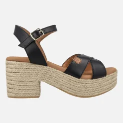SANDALIAS CLIFTON EN PIEL NEGRA CON TACÓN Y PLATAFORMA DE YUTE