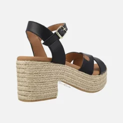 SANDALIAS CLIFTON EN PIEL NEGRA CON TACÓN Y PLATAFORMA DE YUTE