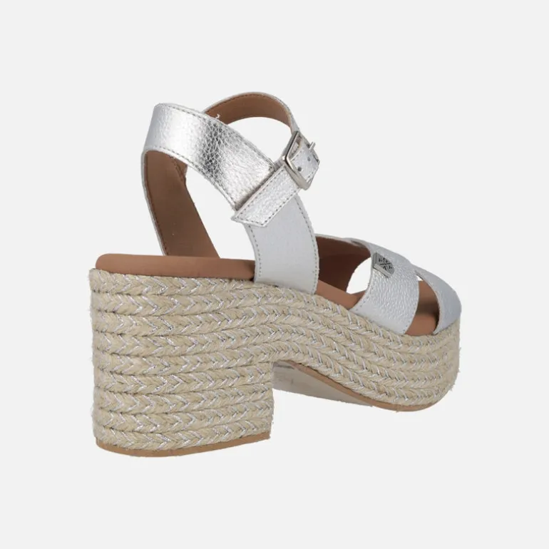 Sandalias Clifton laminado plata con tacón y plataforma de yute
