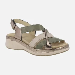 Sandalias confort combinadas en beige y verde con cierre de velcro