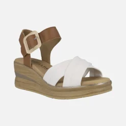 Sandalias de cuña en combinado blanco y cuero con hebilla